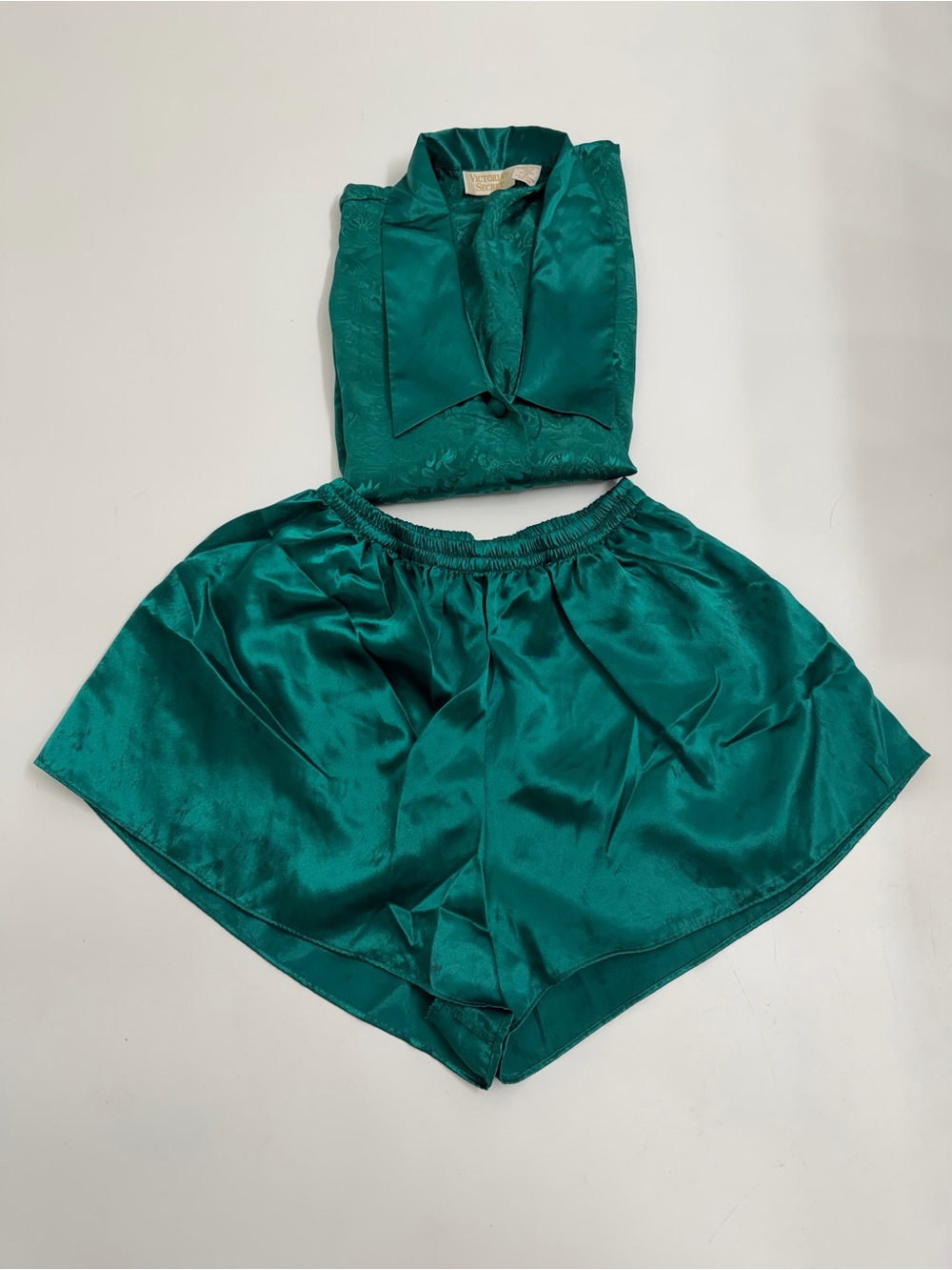 Vintage Victoria’s‎ Secret Gold Label Green Satin Jacquard Pajama Set M Shorts